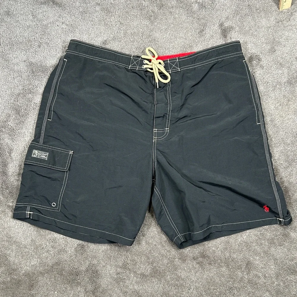 Polo Ralph Lauren Men 40 Black w Red Logo & Emblem Board Style Lined Swim Trunks